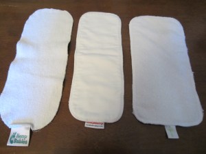 Here we have (from right to left) a hemp doubler, a bamboo doubler, and a microfiber insert.
