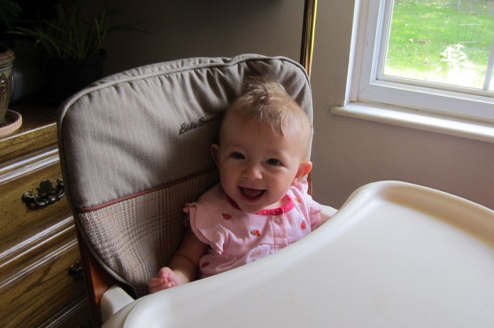 Update: July 1st. Ginny can sit up in her high chair at 6 1/2 months old. This makes feeding her so much easier! 