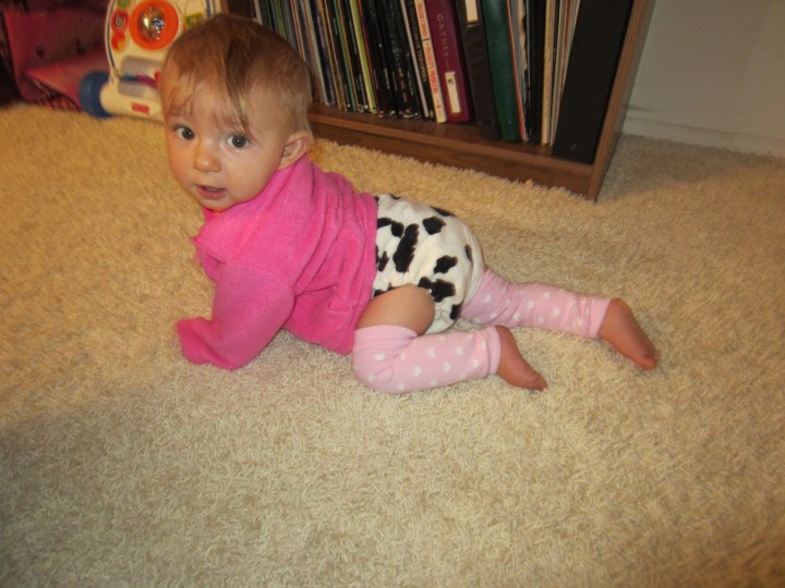 Ginny at 10 Months wearing her Blueberry Minky Diaper
