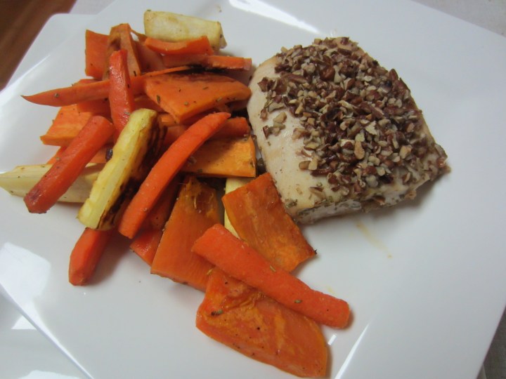 Maple Pecan Crusted Mahi Mahi with Roasted Root Vegetables - 455 calories per serving