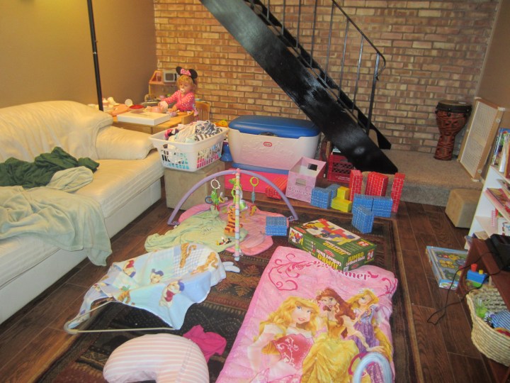 Ginny's Birthday Explosion! This is what our living room looked like the day after the 2nd birthday party. She's pretty obsessed with Minnie, Mickey, and Donald (or Mouse Ducky, as she calls them). That and princesses, which she calls dollies.